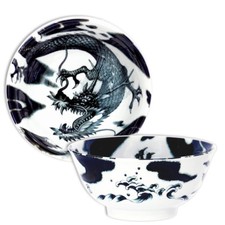 Japanese Rice Soup Noodle Bowl 6"D Porcelain Fortune Ryu Black Dragon JAPAN MADE
