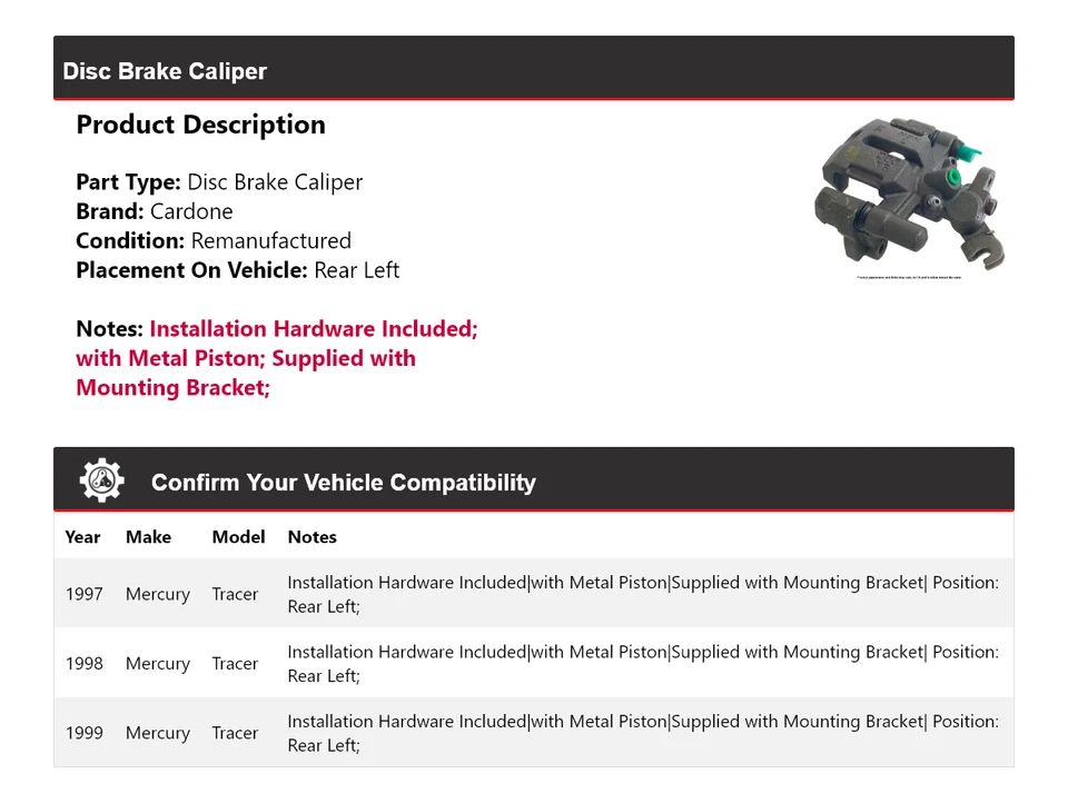 Pinza de freno de disco trasera izquierda Cardone 1998 Mercury Tracer 1997-1999 Foto 2 de 4