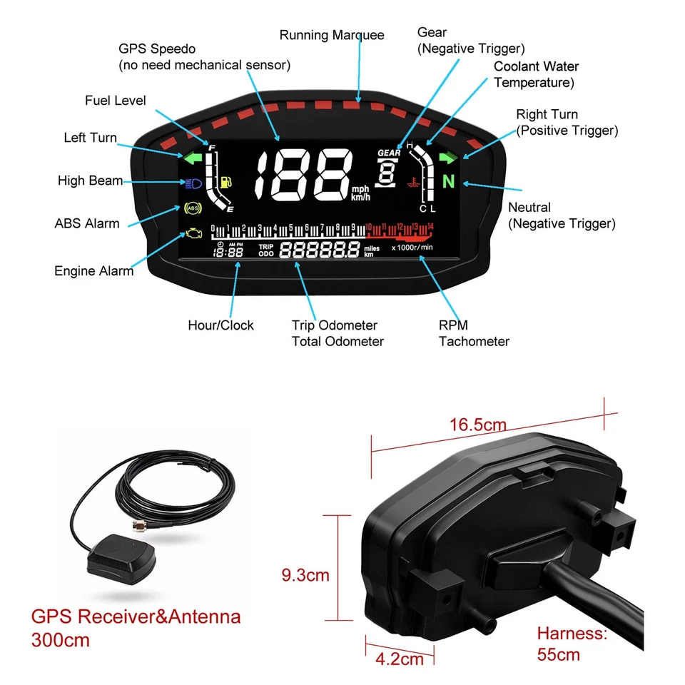 Digital GPS Speedometer Odometer Motorcycle Tachometer For 2, 4 Cylinders Motor - Image 3 of 4