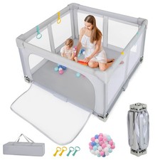 Large Baby Playpen 50" x 50" with Zipper Gate 50 Ocean Balls and 4 Pull-up Rings