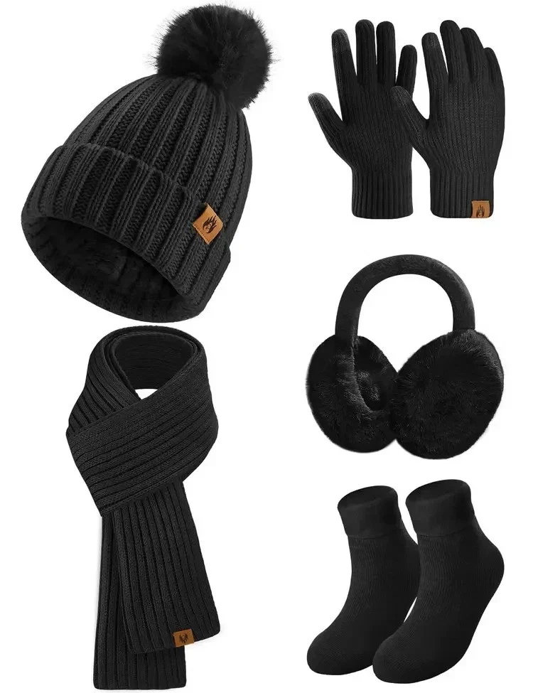 Unisex Thick Knit Hat Scarf Touchscreen Gloves Socks Ear Warmer Winter Gift Set