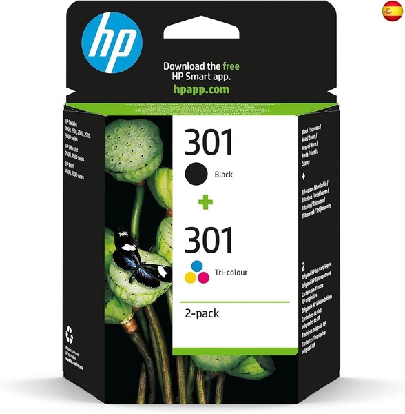 HP 301 N9J72AE, Pack de 2, Cartuchos de Tinta Originales Negro y Tricolor,