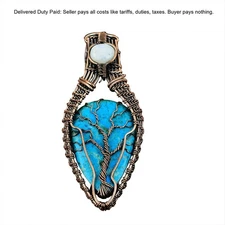 Natural Arizona Turquoise Rainbow Moonstone Copper Wire Wrapping Pendant Jewelry