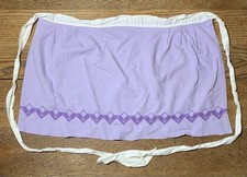 Vintage 1950s Handmade Embroidered Pleated Linen Half Apron Lavender Geometric