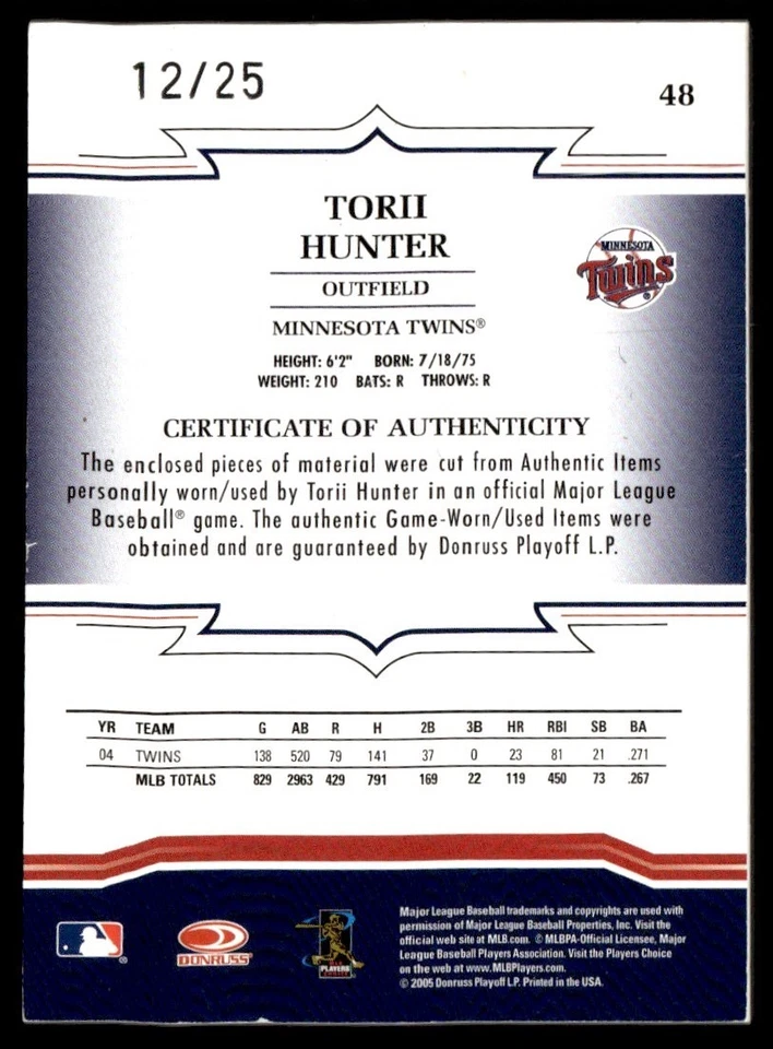 Combo de material Donruss Throwback Threads Prime Torii Hunter 2005 12/25 Minnesota Foto 2 de 2
