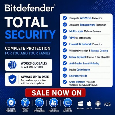 Bitdefender Total Security - 1 To 4 Years 1 To 10 Devices | Latest Version