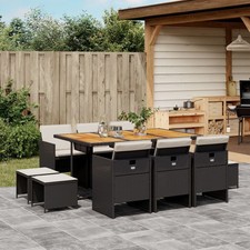 11 Piece Patio Dining Set with Cushions Black Poly Rattan