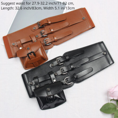Lady Faux Leather Corset with Pocket Buckle Waist Belt Wide Waistband Punk Retro - Picture 6 of 17