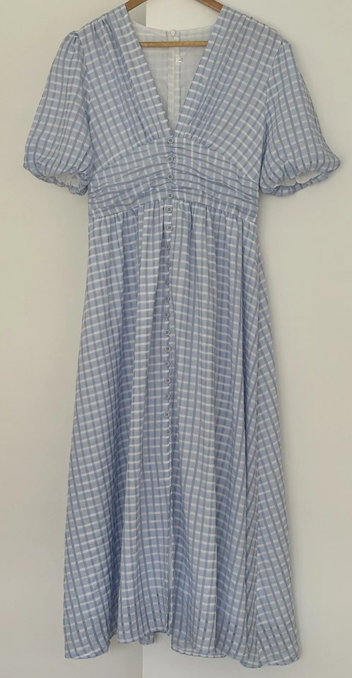 Vestido de verano para mujer talla XL azul a cuadros cuello en V mangas abullonadas plisado ajustado Foto 4 de 4