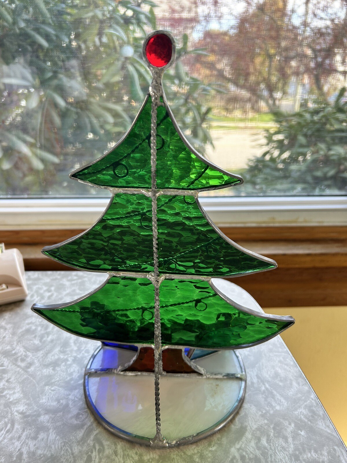 Beautiful 12" Tall Stained Glass Vintage Christmas Tree candle light