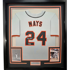 Framed Facsimile Autographed Willie Mays 33x42 Grey Reprint Laser Auto Jersey