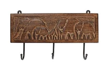 WOODEN CLOTH HOOKS WALL MOUNTED COAT RACK 3 HOOKS WITH ELEPHANT CARVING FOR HANG