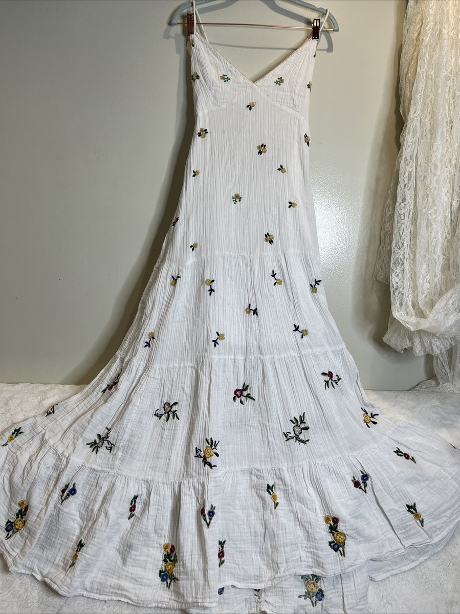 Free People Hibiscus Tiered Maxi Dress Embroidered Floral Strappy L