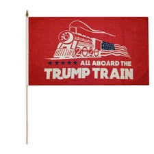 3 Pack All Aboard The Trump Train Red 100D 12"x18" Stick Flag 30" Wood Staff