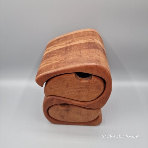 Vintage Mid Century Modern Bandsaw Brown Wooden Puzzle Jewelry Box Two Drawers - Picture 2 of 9