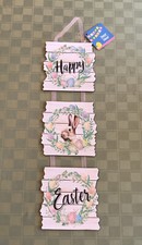 EASTER Happy Easter Wall Door Sign 18.5x5.5  Bunny Wreath Glitter NEW