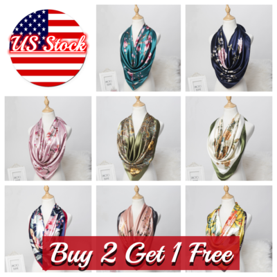 #ad Large Square Satin Scarf Silk Feel Head Neck Wrap Scarves Shawl Floral Scarf 35quot; $7.94