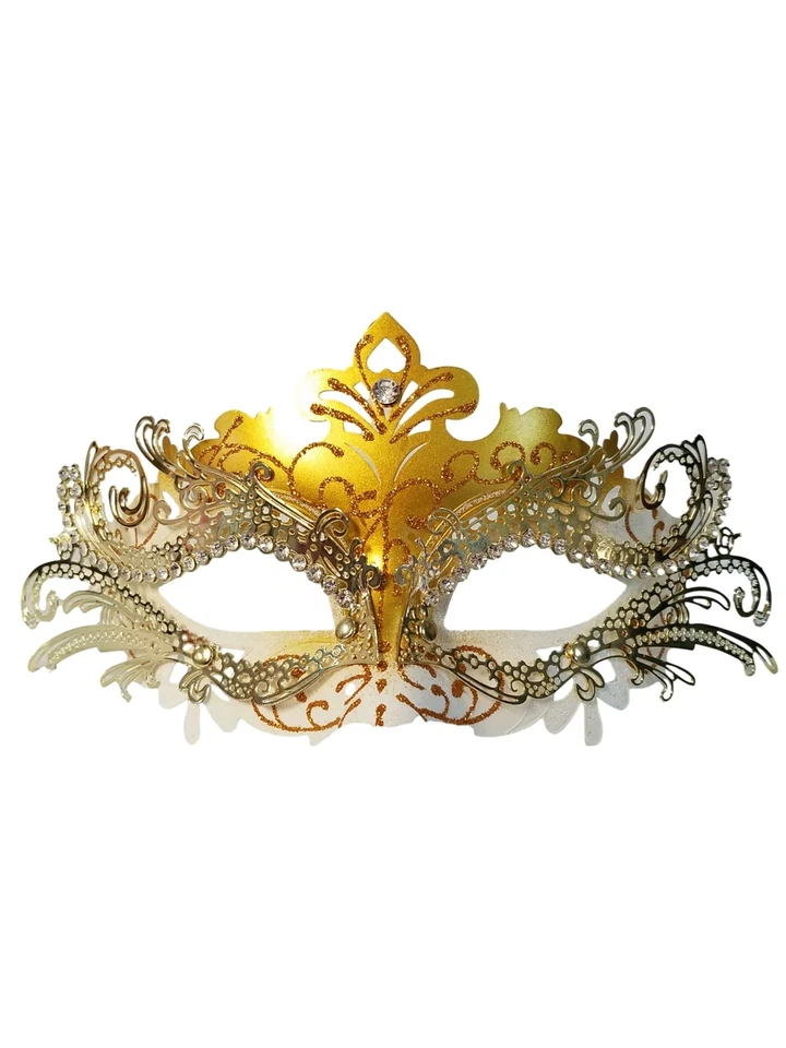 Máscara veneciana de filigrana de metal cortada con láser de oro blanco cristal de mascarada Foto 2 de 4
