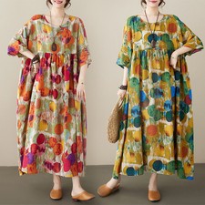 Oversized Women's Summer Dresses Floral Printed Cotton Ethnic Long Skirts Robe