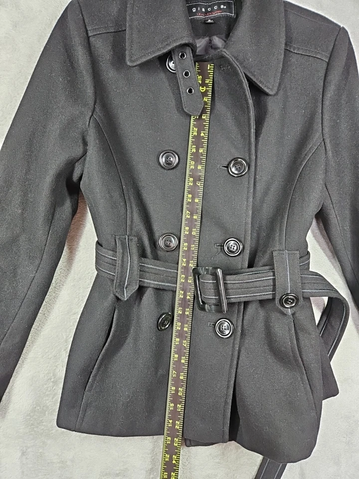 Abrigo para mujer Giacca mezcla de lana con cinturón guisante negro talla mediana  Foto 4 de 4