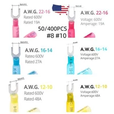 50/400PCS Heat Shrink Crimp Spade Terminal Fork Wire Connector 22-10 AWG #8 #10