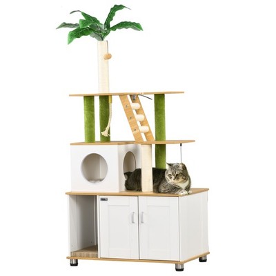 PawHut 2-in-1 versteckte Katzentoilette mit grünem Blatt Kratzbaum, Indoor - Eiche