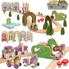 Wooden Train Set 68 PCS Castle Dragon Unicorn Fantasy Kingdom Adventure Playset 