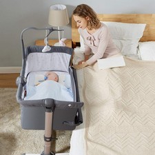 Music Baby Bassinet, Height Adjustable Bedside Crib w/Rack, Mattress, Breatha...