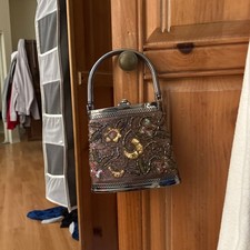 MS Handbag Collection Vintage Style Beaded Floral Evening Bag Brown Hard Shell C