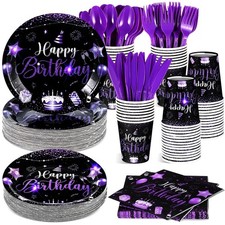 350 Pcs Birthday Party Supplies for 50 Disposable Set Black Purple