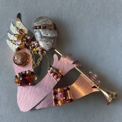 Liztech Studio Art Brooch Sculptural Mixed Media Mirrored Chrome Signed Card