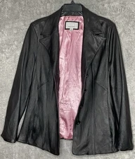 Wilsons Leather Womens Large Black Blazer Pink Satin Interior Jacket Maxima