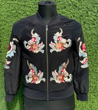 Alice Olivia Silk Embroidered Bomber Jacket Women Size M Floral Designer