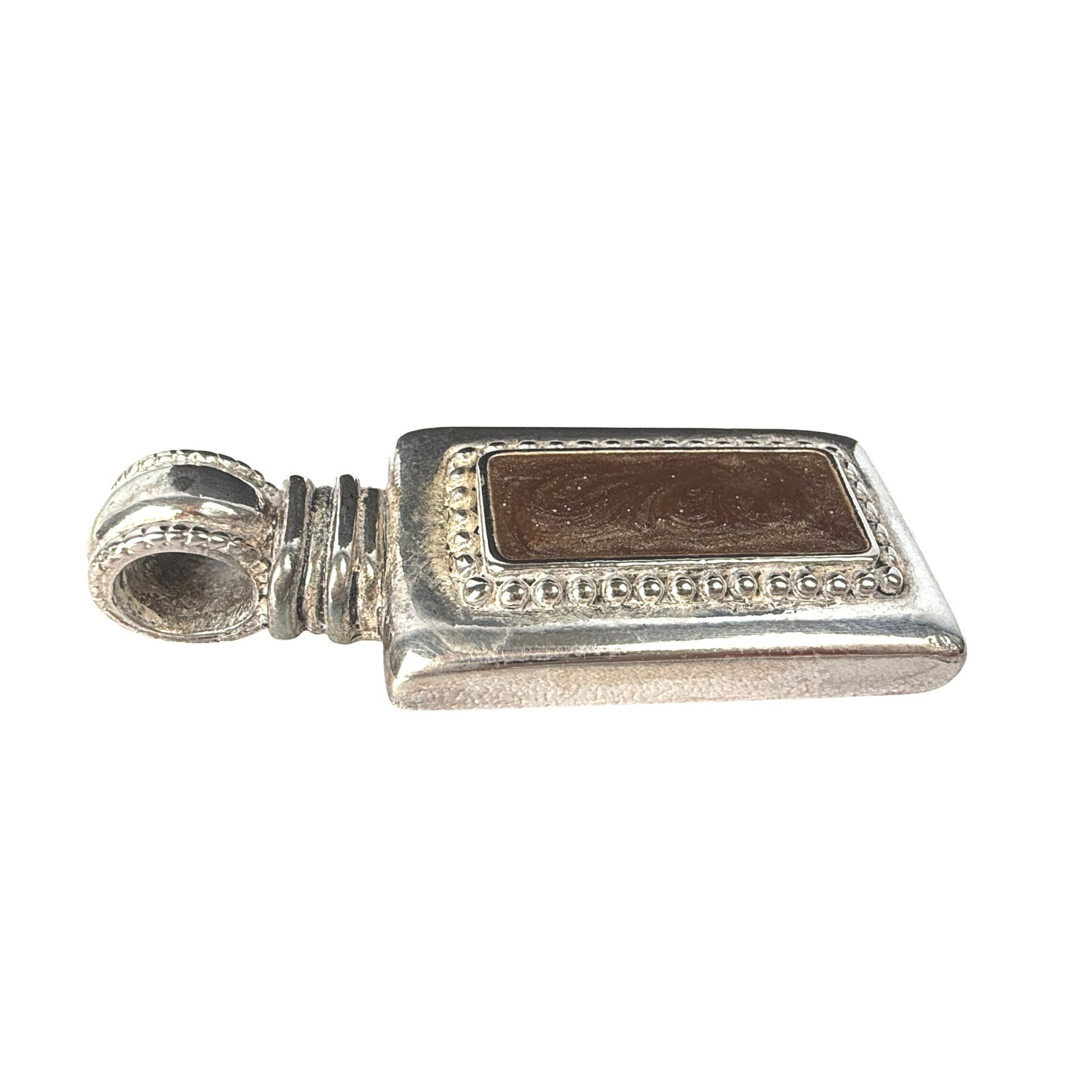Vintage Rectangular Pendant Silver Tone Beaded Fr… - image 3