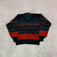 Vintage Knitted Jumper abstract patterned v-neck grandad knit sweater Men's L