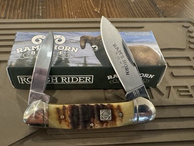 Rough Rider RR1510 Ram's Horn Bone Pocketknife 2 Blade 440 Steel Brown/Yellow