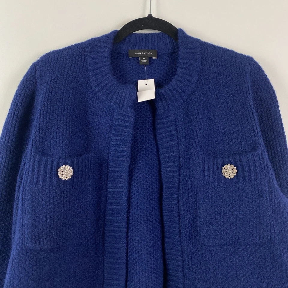 Ann Taylor Jeweled Button Pocket Sweater Jacket Size XL Open Front Heavy Knit - Image 2 of 4