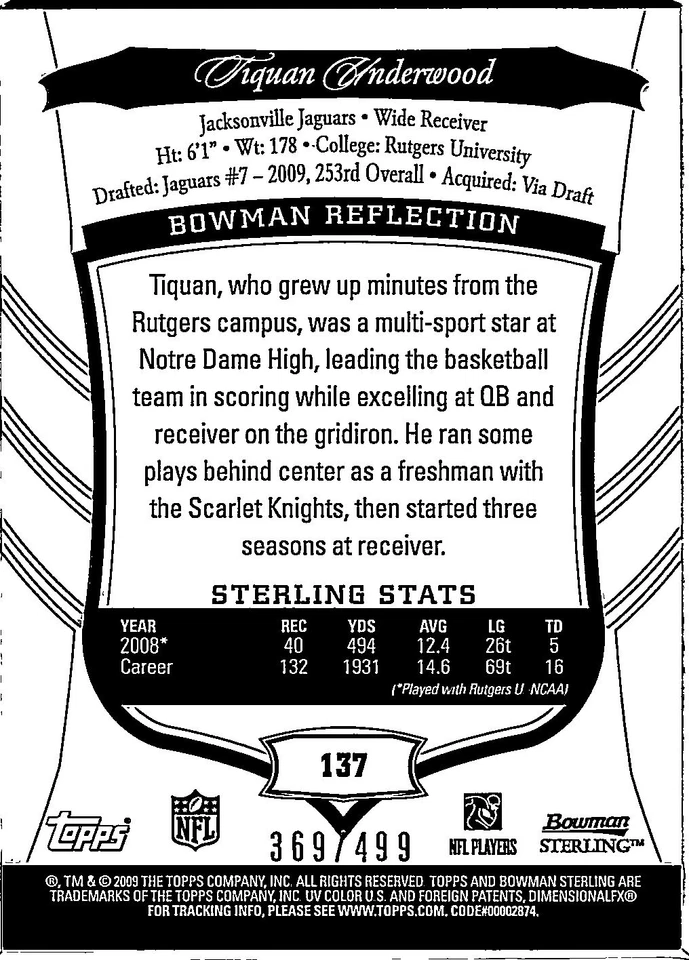 2009 Topps Bowman Sterling Tiquan Underwood Rookie Auto /499 - Image 2 of 2