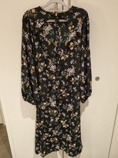 Asos Design Black Floral Button Front Cut-Out Tie Neck Midi Dress UK 12 EU 40