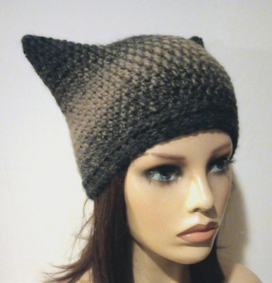 crochet womans handmade hat kitty cat ears beanie charcoal taupe wool blend new