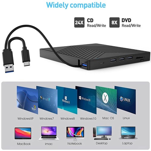 External CD DVD Drive USB 3.0 for PC Laptop Windows 11 10 Burner Reader Writer - Picture 2 of 17