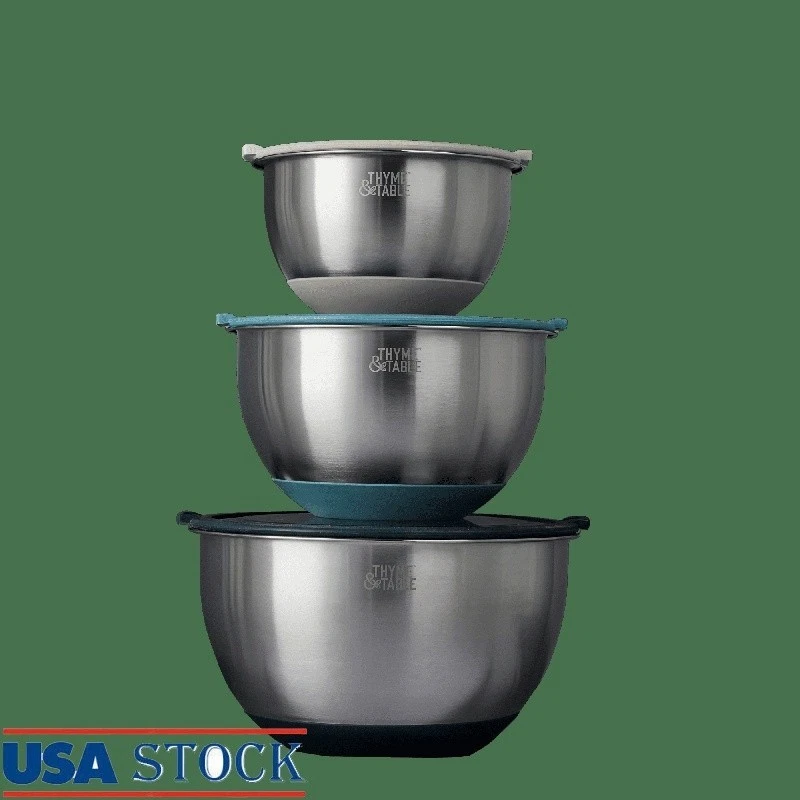 6 Piece Nesting Mixing Bowl Set W/ Transparent Lids Easy Grip Non Slip Base New