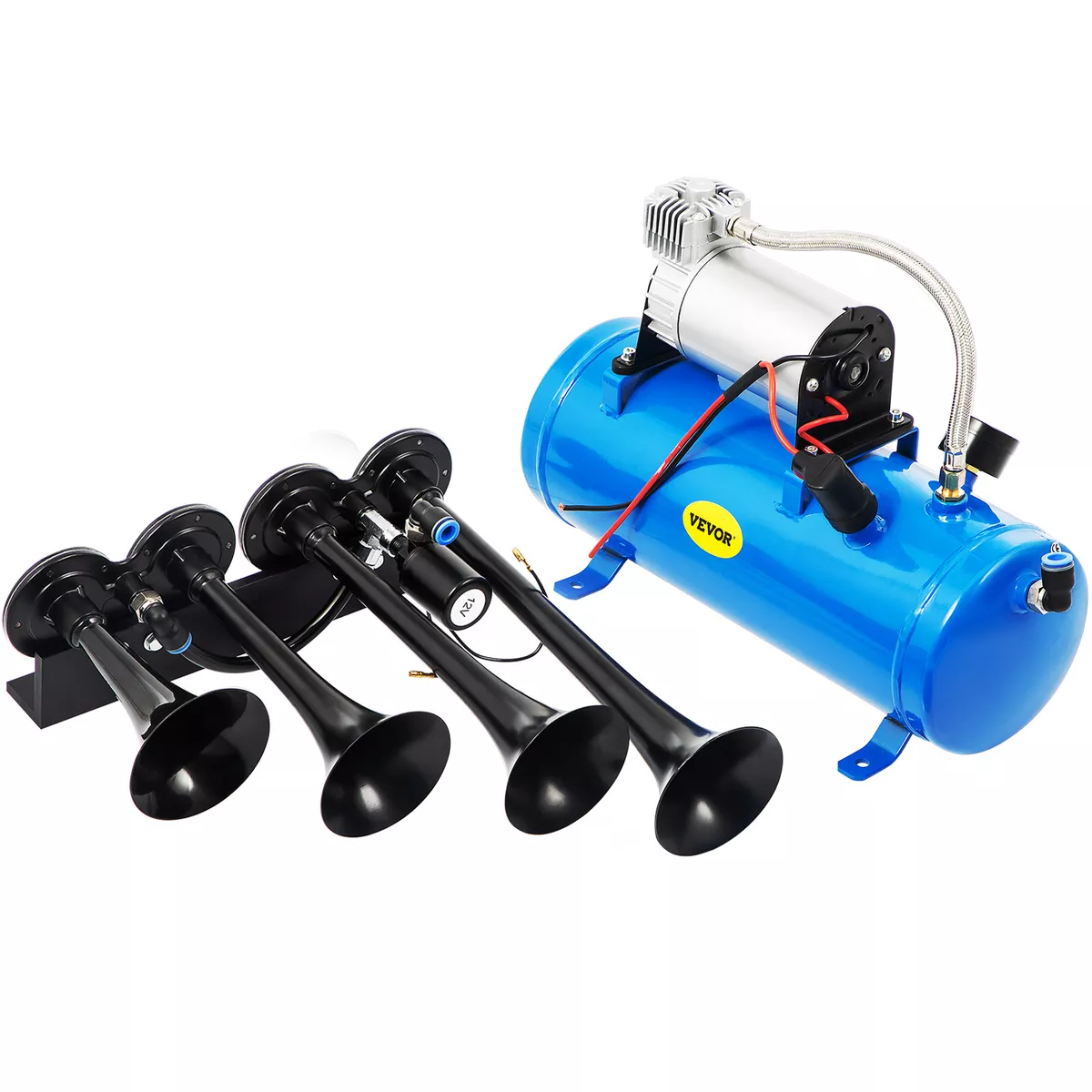 VEVOR Air Horn Truck Train Horns Kit 12 Volt w/6L Air Compressor 4 Trumpet  150db