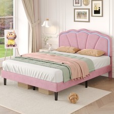 4ft6 Double Bed LED Velvet Upholstered Bed Frame With Adjustable Headboard Pink