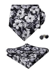 Mens Flower Patterned Tie with Floral Printed Pocket One Size 109-black white