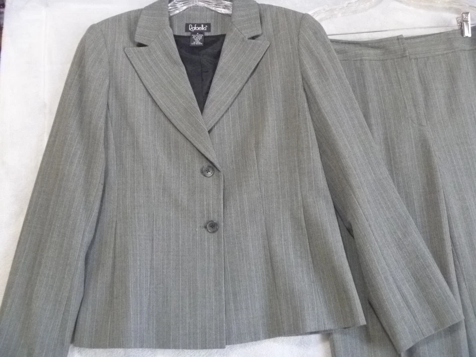 Rafaella 裤子套装女式 8 码灰色带白色细条纹 2 件职业 — 第 2/4 张图片