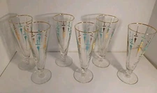 6 Libbey Staccato Pilsner Glasses Gold Rim Footed Abstract Sward Beer Atomic MCM