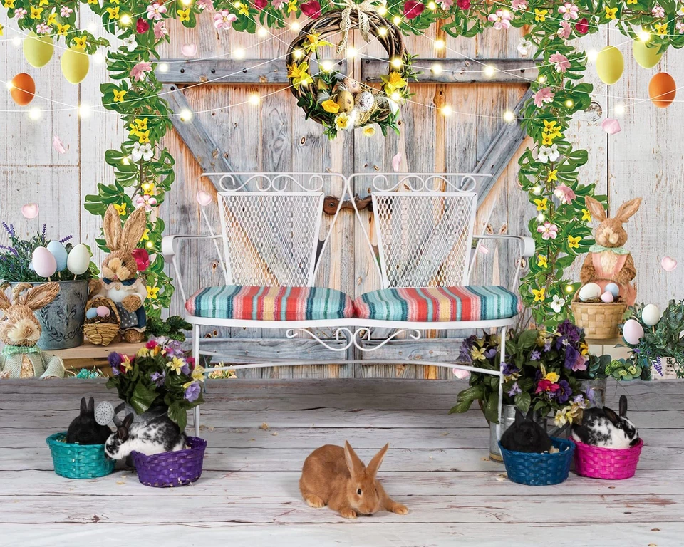 Telón de fondo de Pascua jardín de primavera rústico madera huevos de conejo fotografía fondo Foto 2 de 4