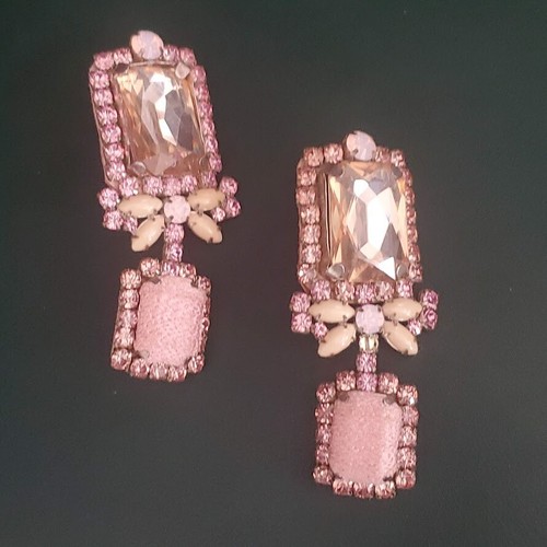 Mignonne Gavigan Isabella Long Drop Earrings Pink Crystals Leather Backs Party