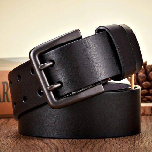 Cinturón de cuero genuino de piel de vaca real de 4,3 cm de ancho para hombre cinturón hebilla de doble pasador - Imagen 10 de 11